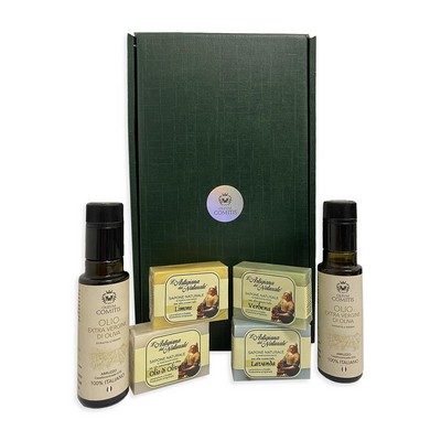 Oleum Comitis Natives Olivenöl Extra Geschenkset 2 x 100 ml Flaschen und 4 Naturseifen à 100 g